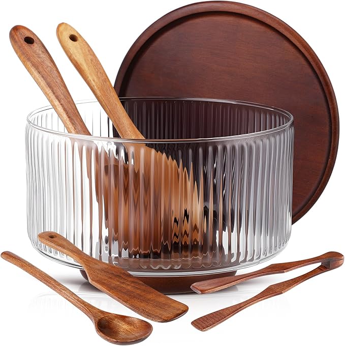 Large Glass Salad Bowl Set, Ribbed Salad Bowl with Wood Base and Lid As Cheese Charcuterie Board and Plate, Comes with 5 Pieces of Wood Serving Utensils for Kitchen Party(9" X 5.9")