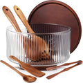 Large Glass Salad Bowl Set, Ribbed Salad Bowl with Wood Base and Lid As Cheese Charcuterie Board and Plate, Comes with 5 Pieces of Wood Serving Utensils for Kitchen Party(9" X 5.9")