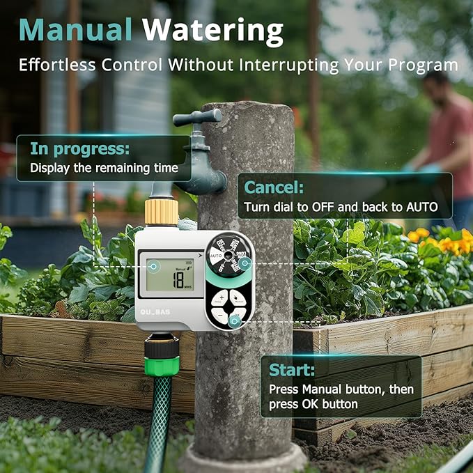 QUOBAS Brass Sprinkler Timer 2 Pack, Programmable Water Hose Timer for Garden Hose Faucet with Waterproof HD Screen, Rain Delay/Manual/Automatic Irrigation Watering System for Garden, Lawn, Yard