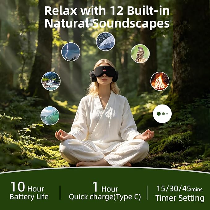 Bluetooth Sleep Mask with White Noise, Bluetooth 5.4 Sleep Headphones Eye Mask, 100% Blackout Sleep Mask, Voice Control, Soft Earmuffs, Comfortable for Travel, Meditation & Side Sleepers