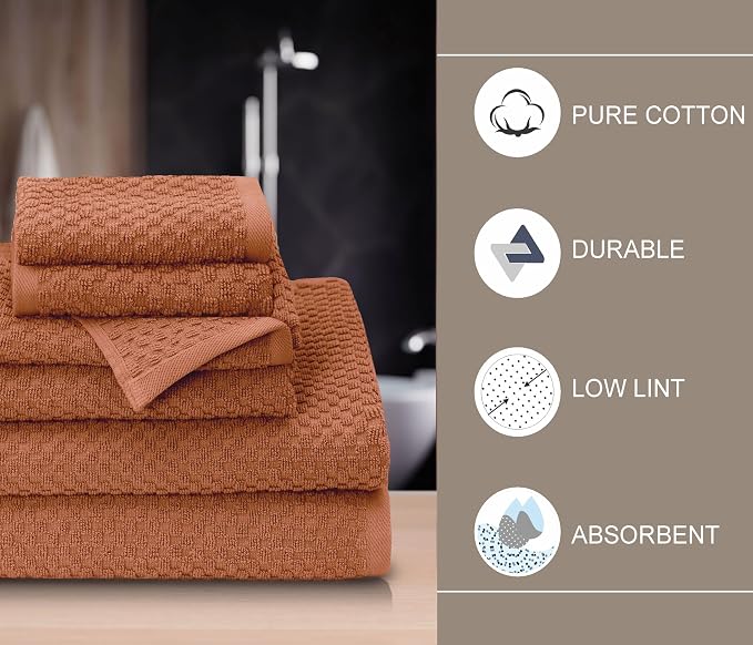 COTTON CRAFT Euro Spa Waffle Weave 6 Piece Towel Set - 100% Cotton - Mocha | 2 Oversized Luxurious Large Bath Towels, 2 Hand Towels, 2 Washcloths - Soft Plush Super Absorbent Low Lint Quick Dry