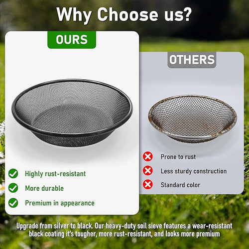 11.8" W Soil Sifter for Gardening, 2mm Grid Rock Sifter for 5 Gallon Bucket, Stainless Steel Fine Dirt Sifter, Compost Sifter for Capturing Dirt, Sand, Rocks, and Filtering Compost (Black)