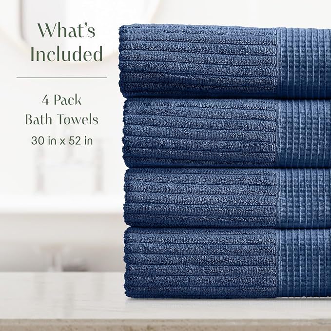 Springtree Home 100% Cotton Bath Towel Set | 4-Pack | Textured | Navy | Absorbent & Quick-Dry Bathroom Towels | Textured and Durable Cotton Towels for Bathroom | OEKO-TEX | Krista Collection