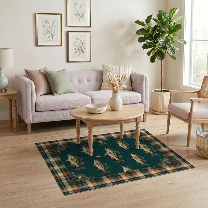 4'x6' Washable Area Rug Cabin Bass Plaid Border Vintage Baits Lure Tackle Fish Fishing Refined Stain Resistant Low Profile for Dorm Room, Small Living Apartment