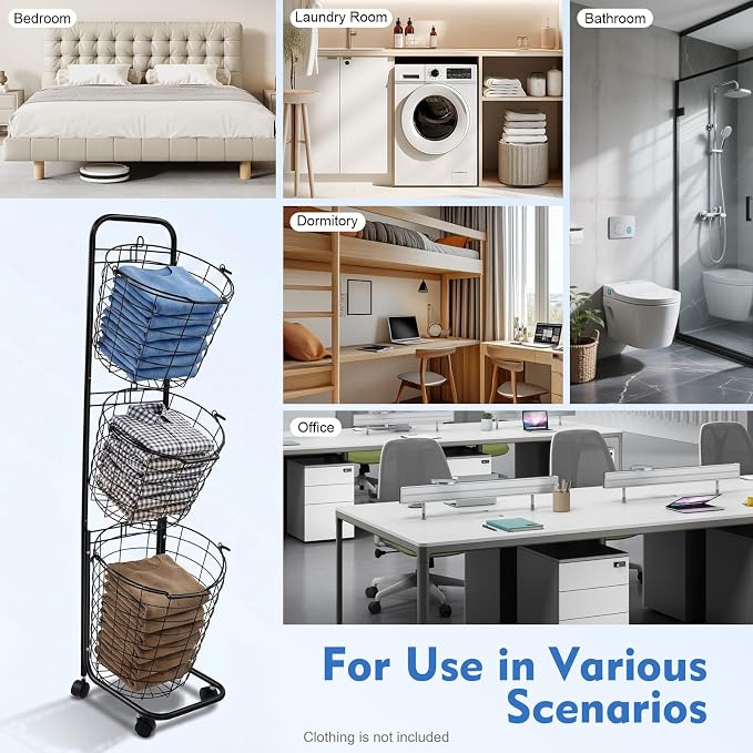 Laundry Basket with Wheels, 3 Tier Rolling Laundry Hamper Cart, Removable Metal Storage Shelf Basket, Portable Clothe Organizer Cart for Laundry Room, Balcony, Toilet, Kitchen