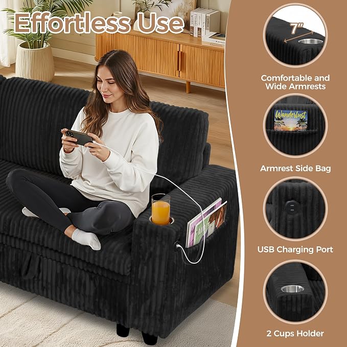 Oversized U Shaped Sectional Sleeper Sofa with Pull Out Bed, Black | 8 Seat Modular Design, Hidden Storage Space, Soft Corduroy Fabric, USB Charging, Cup Holders, Removable Covers, Easy Assembly