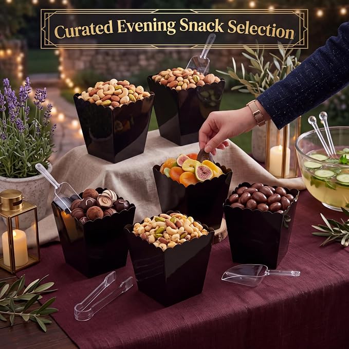 61 oz 6 Black Plastic Candy Bar Containers with 3 Tongs and 3 Scoops Halloween Party Supplies Reusable Scalloped Buffet Station Serving Bowls for Weddings Birthday Dessert Snack Box