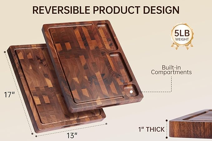 Walnut Cutting Boards for Kitchen, End Grain Wooden Chopping Board | 17"×13" Double Sided Charcuterie Board with Handle, 1"Thick Butcher Block Large for Prep & Serving with Gift Box