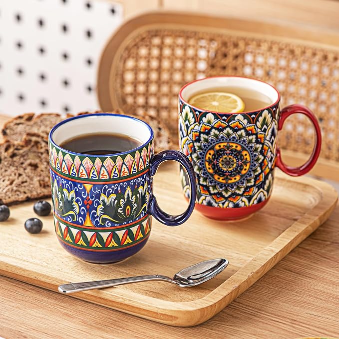 Henten Home Ceamic Coffee Mug Set of 6, 14 oz Colorful Latte Cup with Handle, Boho Floral Mug for Hot Cocoa, Milk, Tea, Chocolate, Microwave & Dishwasher Safe