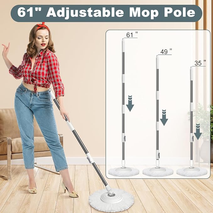 Mop and Bucket with Wringer Set,Spin Mop and Bucket System, Mops for Floor Cleaning,Household Supplies Tools with 6 Replacement Refills,61" Extended Handle for Household Hardwood Floor - White