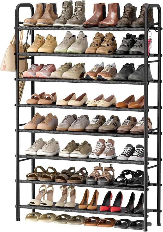 ENJOYBASICS 8 Tier Shoe Rack Garage Storage, Tall Metal Shoes Shelf, Black | Free Standing Shoe Holder for 36 Pairs, Sturdy Heavy Duty Shoe Organizer for Walk-in Closet, Guest Room, Garage, Entryway