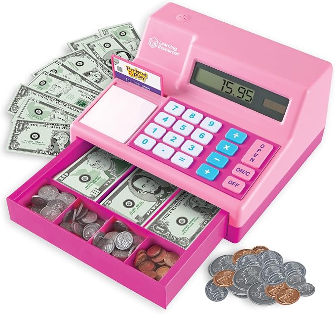 Learning Resources Pretend & Play Calculator Register Toy Pink - Kids Play Set & Credit Card Toy, Register for Kids, Pretend Grocery Store Shopping Playset for Toddlers, Teaching Math Set