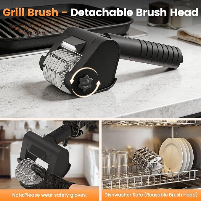 Electric Grill Brush BBQ Grill Cleaning Brush 450 RPM Stainless Steel Removable Head Type-C Rechargeable with LED Light Grill Cleaner Brush