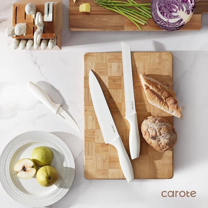 CAROTE 15-Piece Knife Set, Wood Block with Built-In Sharpener, Cream | Stainless Steel Knives, Ceramic Nonstick Coating, Long-Lasting Sharpness, Rust-Resistant, Non-Slip Handles, Dishwasher Safe