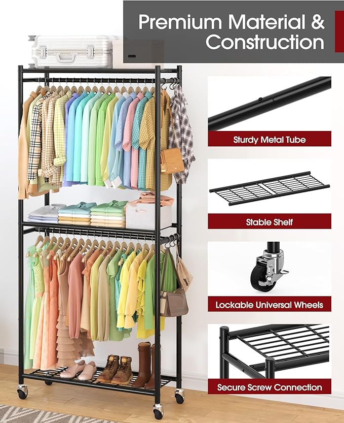 Sakugi Clothes Rack - 33.0" x 12.2" x 79.5" Clothing Rack with Shelves & Wheels, Multi-Functional Wardrobe Closet with Hooks, Sturdy Metal Garment Rack for Bedroom, Laundry, Balcony (Black)