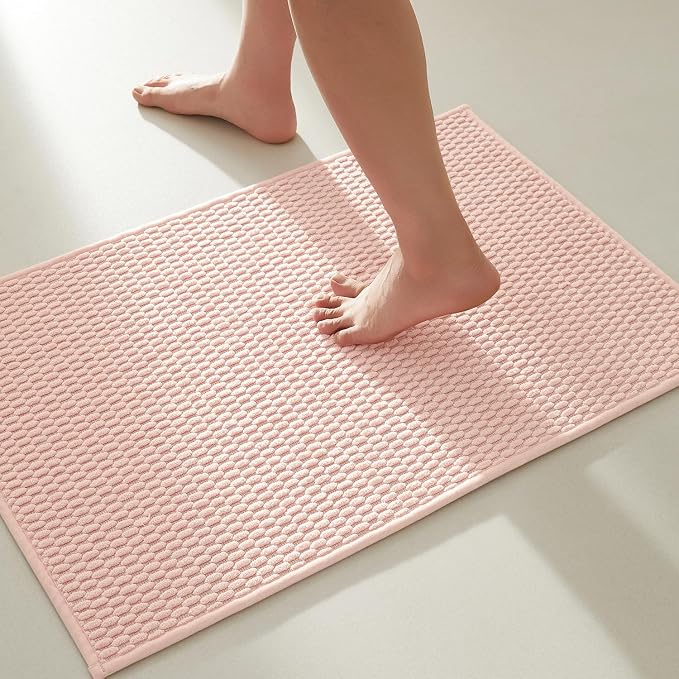 TYUU Bathroom Rugs Non Slip Washable, Super Absorbent Thin Bath Mat Small Quick Dry Low Pile Bathroom Rug, Pink 20"x30"