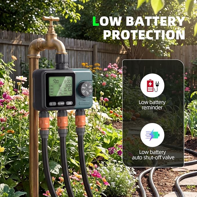 Sprinkler Timer 3 Zone, Programmable Water Timer for Garden Hose with Rain Delay, Manual and Automatic Irrigation Controller System, 3 Outlets Timed Irrigation Controller System for Lawn