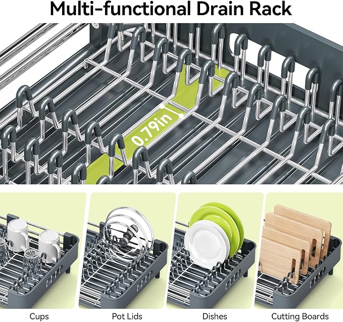 Urackify Stainless Steel Dish Drying Rack - Dish Drainer for Kitchen Counter, Extendable Drainboard with Foldable, Space-Saving Cup & Bowl Organizer, Includes Knife and Utensil Holder, Matte-Green