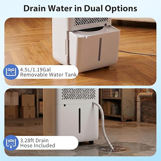 50Pints Dehumidifier with Drain Hose, 3,500 Sq.Ft Dehumidifier for Basement, 4.5L/1.19 Gallon Tank, Energy Star Cert. 41dB, Airflow Swing, Humidity Remover for Home, Bedroom & Bathroom