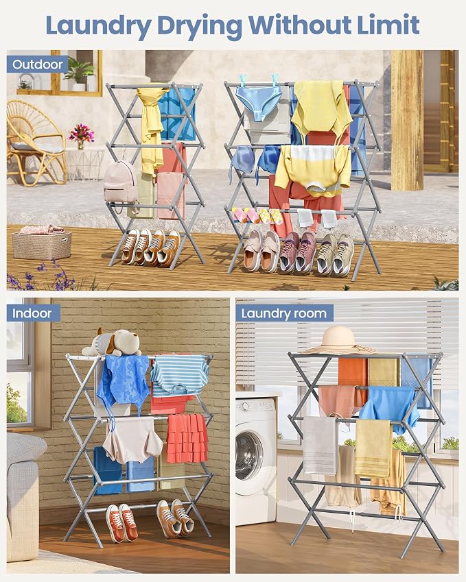 APEXCHASER Oversize Clothes Drying Rack, 3-Tier Drying Rack Clothing, Expandable Metal Laundry Drying Rack, Air Drying Rack, Clothes Rack, No Install, 24lb Capacity, 14.9" D x 29.3" W x 39.3" H, Grey