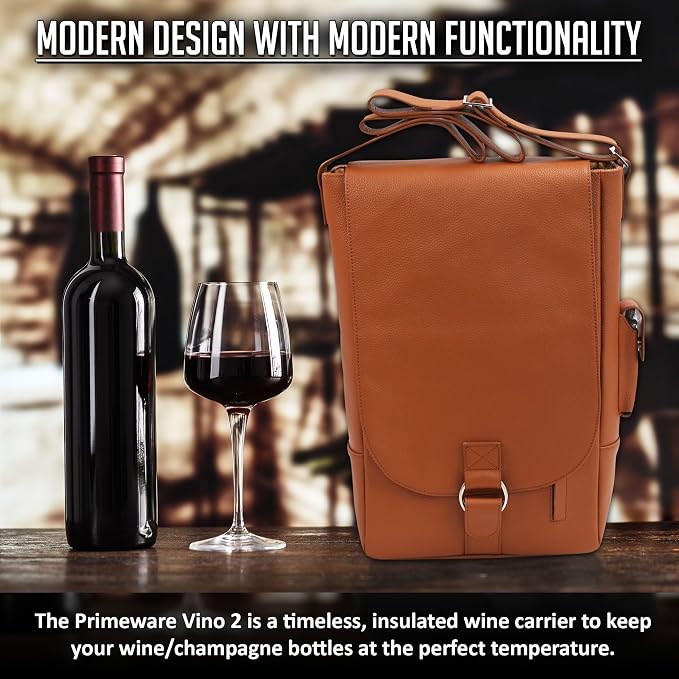 Vino2 Two Bottles Saddle Leather Wine Tote Messenger Carrier (Brown)