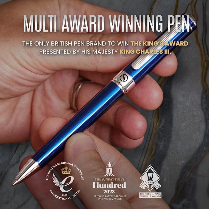 Scriveiner Personalized Midnight Blue Ballpoint Pen - Stunning Blue Lacquer Luxury Pen, Chrome Finish, Schmidt Ink Refill, Best Engraved Ball Point Gift Set for Men & Women, Custom Name Engraving