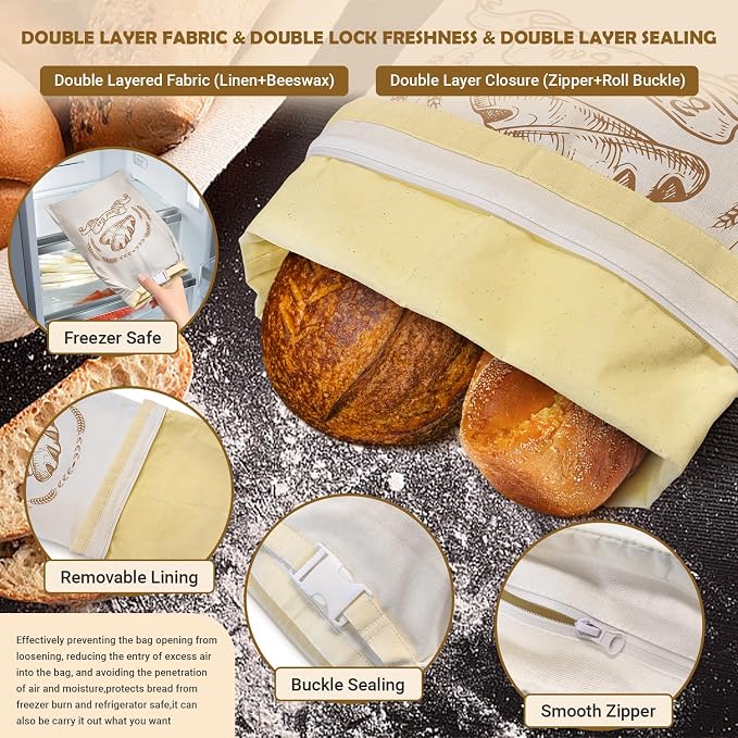Large Linen Beeswax Bread Bags(2 Pack) Sourdough Bread Bags Reusable Double-Lock Freezer Baking Container Gift Giving for Homemade,Loaf,Sourdough,Food Storage (Artisan Bread Sketch Print, 2Pack)