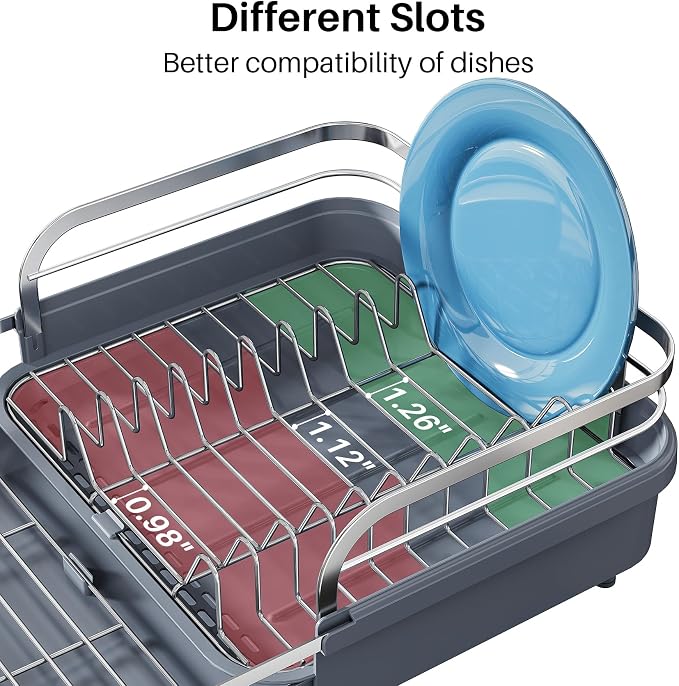 SNTD Dish Drying Rack, Expandable Dish Rack for Kitchen Counter, Stainless Steel Dish Drainer with Drainboard Set and Utensil Holder (Gray)