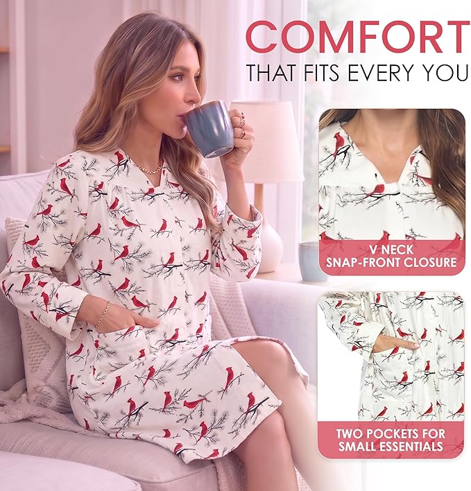 Casual Nights Women's Floral Snap Front Flannel Duster Long Sleeve Lounger Dress