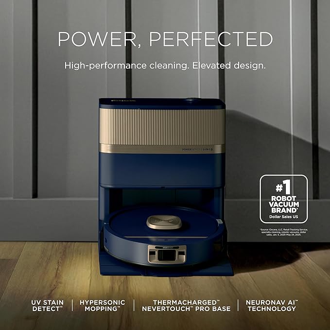 Shark PowerDetect UV Reveal Luxe Collection | 2-in-1 Robot Vacuum & Mop for Carpets & Hard Floors | UV Stain Detect | Self-Clean, Self-Empty, Heated Wash & Dry | Blue Harbor | RV3025XEUSBL