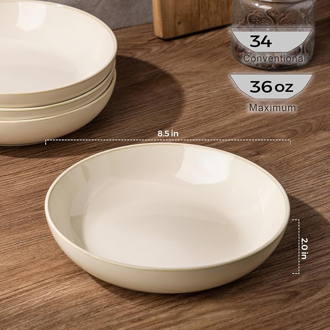 AmorArc 8.5'' Large Ceramic Pasta Bowls, 36oz Stoneware Pasta Serving Bowls Set of 4 for Kitchen, Wide Bowls for Pasta,Salad,OatmeaL,Microwave Safe, Reactive Glaze-Vanilla