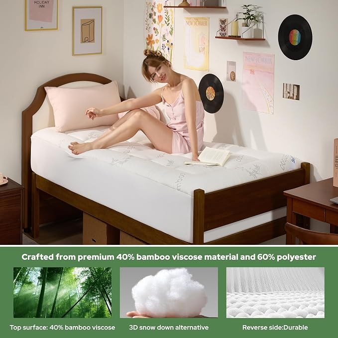 BEDLORE Twin XL Mattress Topper Viscose Derived from Bamboo, Thick Pillow Top Mattress Pad with Deep Pockets for 6-15 inches Mattress, Soft Mattress Topper College Dorm Size for Back Pain Relief