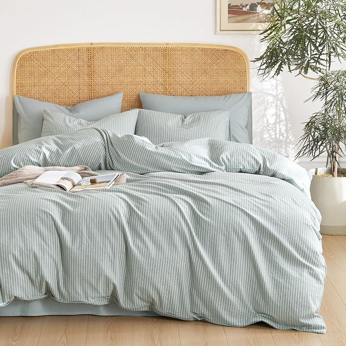 Wake In Cloud - Striped Cotton Duvet Cover Set, 100% Washed Cotton Textured Bedding Set, Ticking Stripe Pinstripe Farmhouse, 3 Pieces, Greyish Blue, Twin/Twin XL Size