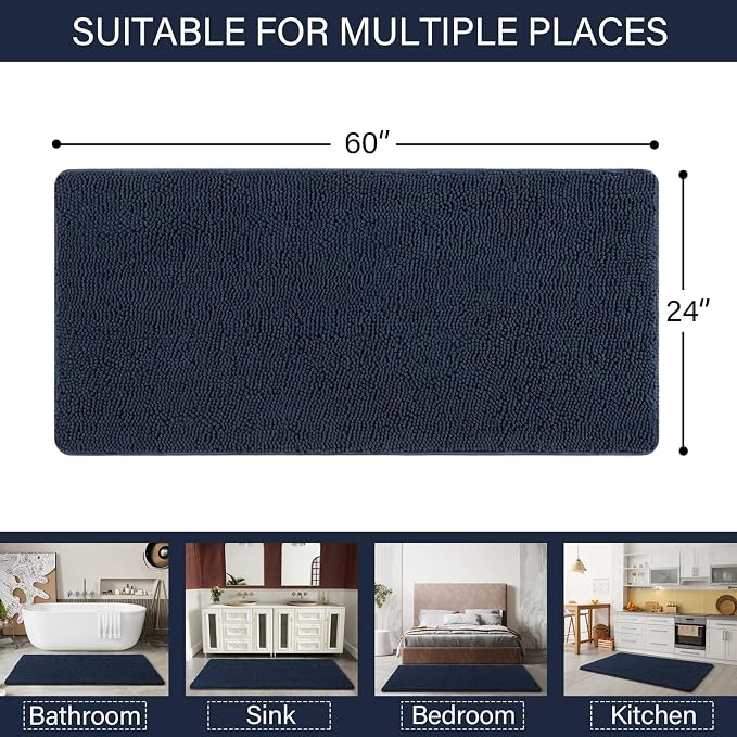 LOCHAS Luxury Bathroom Rug Shaggy Bath Mat 24 x 60 Inch, Navy | Washable Non Slip Bath Rugs for Bathroom Shower, Soft Plush Chenille Absorbent Carpets