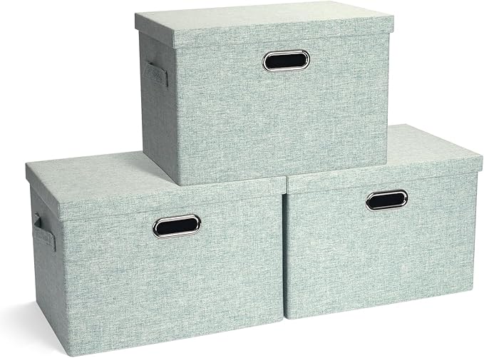 Graciadeco Large 17" 36 Quart Collapsible Stackable Storage Bins with Lids, 3 Packs Light Green Linen Fabric Closet Boxes, Storage Cube Baskets Container Organizers for Office (16.5x12.2x11.2)