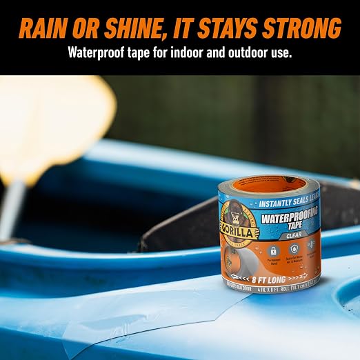 Gorilla Waterproof Patch & Seal Tape, Clear Tape, 4" x 8' (Pack of 4) - Permanent Weather Resistant Seal for Leaks and Repairs