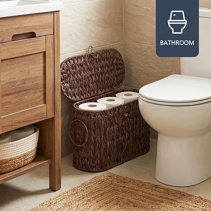 Coeusy Toilet Paper Basket with Lid, Wicker Basket for Bathroom Organizers and Storage, Holds Up to 6 Mega Rolls, Decorative Hand-Woven Rattan Bathroom Decor Accessories, Brown