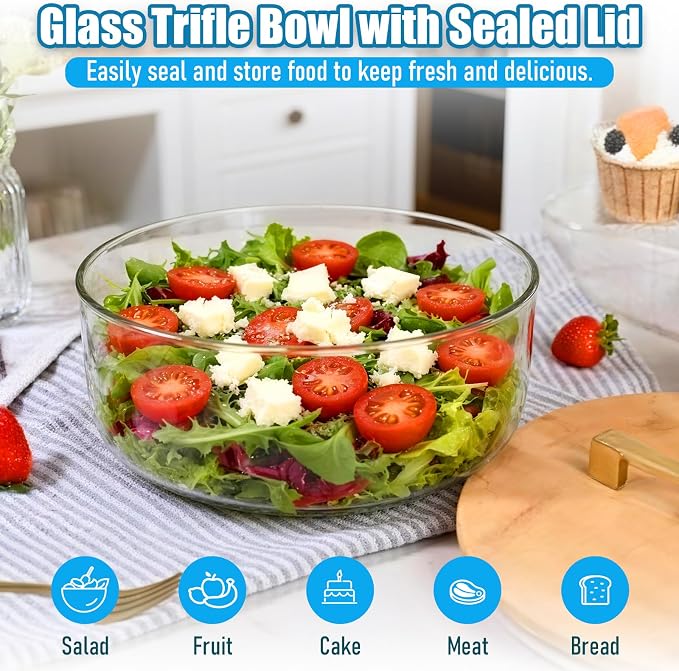 Acelane 9 Inch Glass Trifle Bowl with Sealed Lid, Large Salad Bowl, Modern Versatile Mixing and Serving Bowl for Salad, Dessert, Laying Ice Cream, Cake and Party, Home, Microwave & Dishwasher Safe