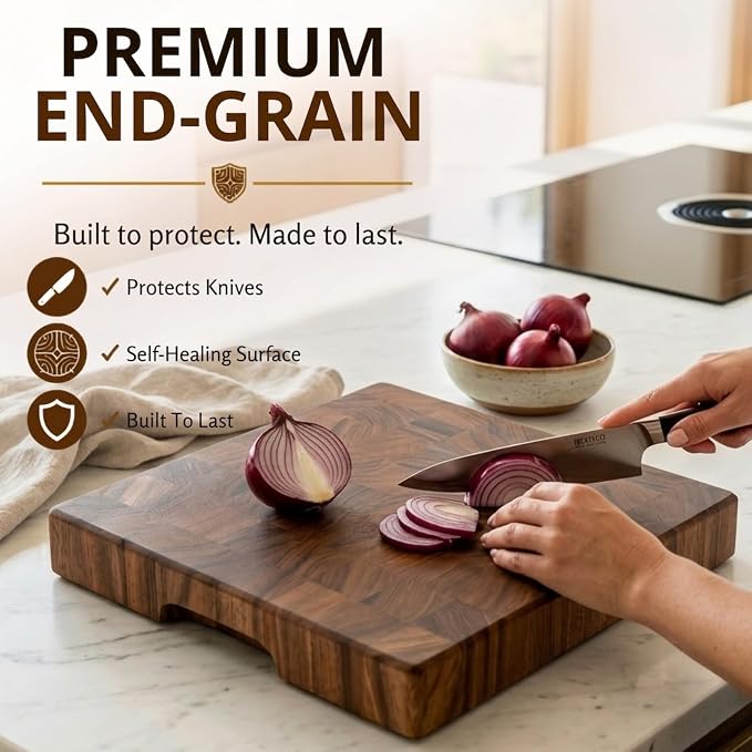 SHUMARU End Grain Cutting Board, 12.6 x 12.6 x 2 Inch Thick Square Butcher Block, Premium Exotic Heartwood, Knife-Friendly Chopping Block with Non-Slip Feet & Hidden Side Handles