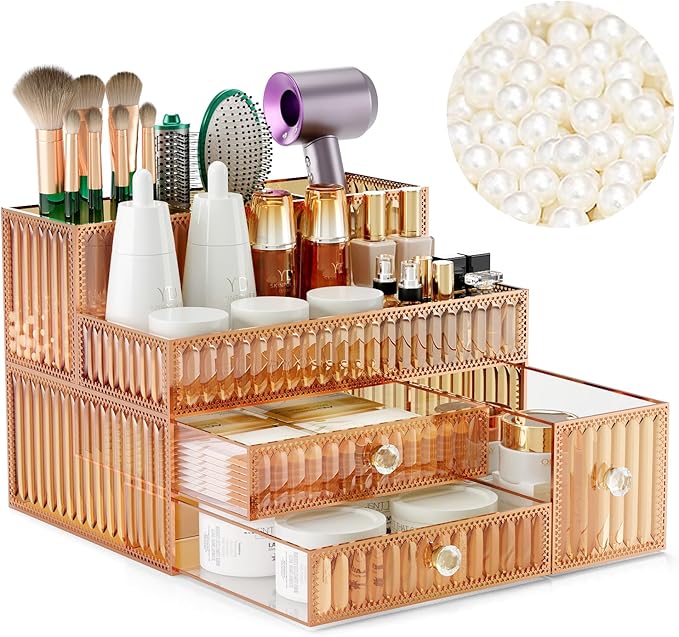 Youdepot Makeup Organizer Golden- Tempered Glass Vanity Organizer for Cosmetics, Skincare, Hair Tools, Brushes, Perfume - Multipurpose Bathroom Counter Skincare Organizer