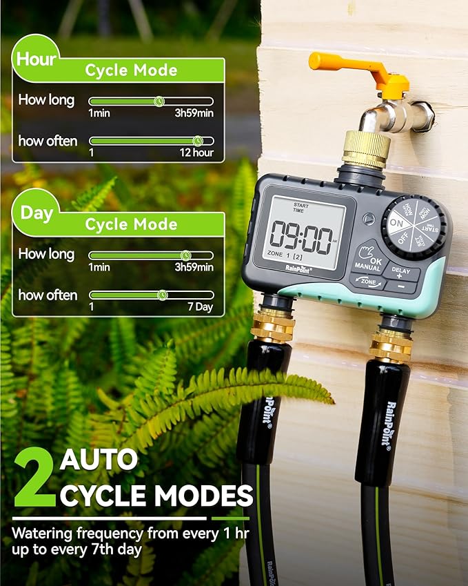 RAINPOINT 2 Zone Sprinkler Timer with Brass Inlet and Outlet - Water Timer for Garden Hose with Rain Delay/Manual Watering/Automatic Irrigation Controller System for Yard Lawn Garden(Blue)