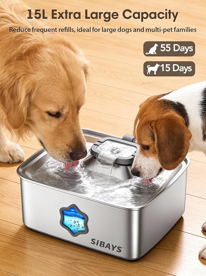 SIBAYS 4Gal/15L Dog Water Fountain, Stainless Steel Pet Water Fountain with Water Level Window & LED Light, Quiet Automatic Dog Water Bowl Dispenser for Large Dogs & Multi-Pet, Easy to Clean FS81