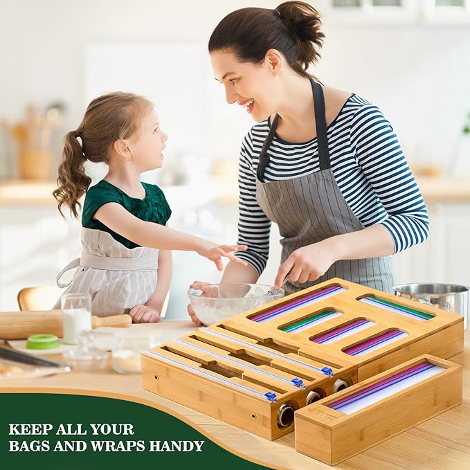 Calmbee 9 in 1 Bamboo Storage Bag Organizer for Kitchen Drawer – Plastic Wrap Dispenser with Cutter & Foil Organizer, Wooden Baggie Organizer for Sandwich, Snack, Gallon, Quart Sizes, Natural