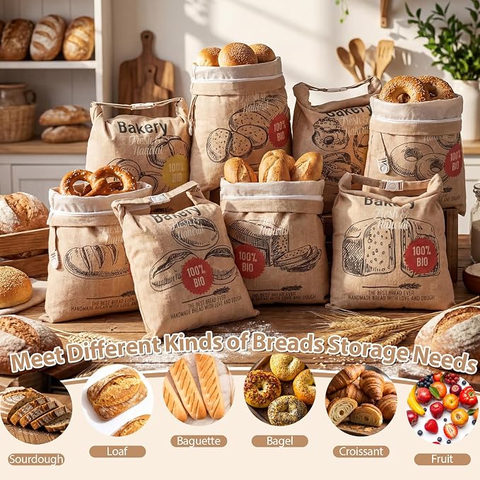 Tigeen 8 Pack Beeswax Bread Bags for Sourdough & Homemade Bread 17 x 13'' XL Reusable Organic Linen Beeswax Wraps with Sealing for Fresh Food Storage Loaf Fresh Freezer Baker Gift(Bakery Style)