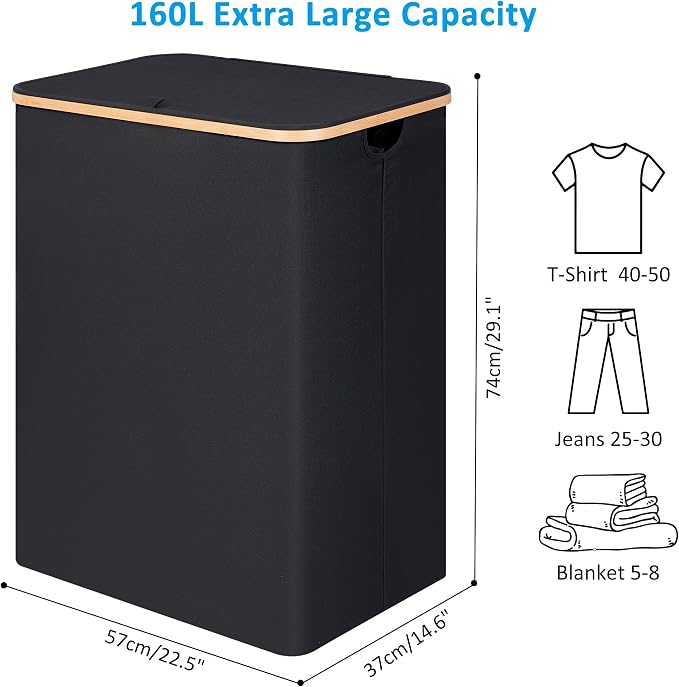 efluky Double Laundry Hamper with Lid, Divided Laundry Hamper with Removable Bags, 2 Section Dirty Clothes Basket with Handles for Bathroom, Bedroom & Laundry Room, 160L Black