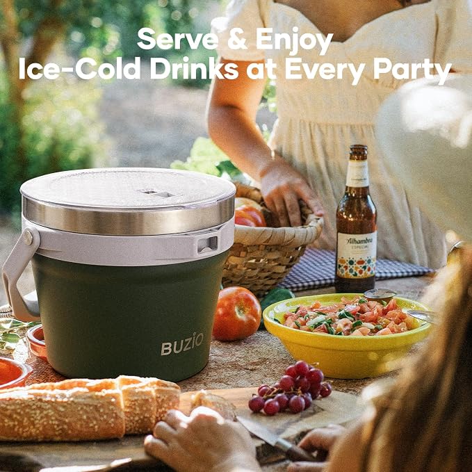 BUZIO 7 L Ice Bucket with Lid Scoop & Tongs & Adjustable Shoulder Strap | 7.4 Qt/7 L Insulated Stainless Steel Large Beverage Bucket with Handle (Doulble Wall), for Parties, Cocktail Bar Champagne
