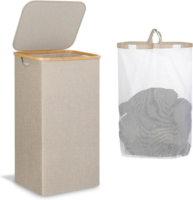 IEGrow Laundry Basket with Lid, Large Laundry Hamper with Handle and Lid, Collapsible Clothes Basket Organizer with Removable Inner Bag for Clothes Towels (Oatmeal, 110L)
