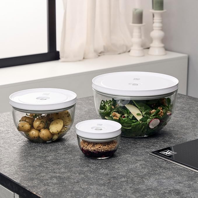 ZWILLING Fresh & Save BOWLS 3-pc Glass Vacuum Bowl Set | Airtight Vacuum Bowls Keep Leftovers Fresher Longer. Freezer, Microwave & Dishwasher Safe.