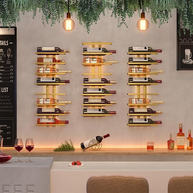 Hoctieon 8 Tier Wall Mount Wine Rack, Wall Racks for Wine Bottles Display and Storage, Hanging Bottle Organizer for Living Room, Dining Room, Wine Cellar, Bar, Gold