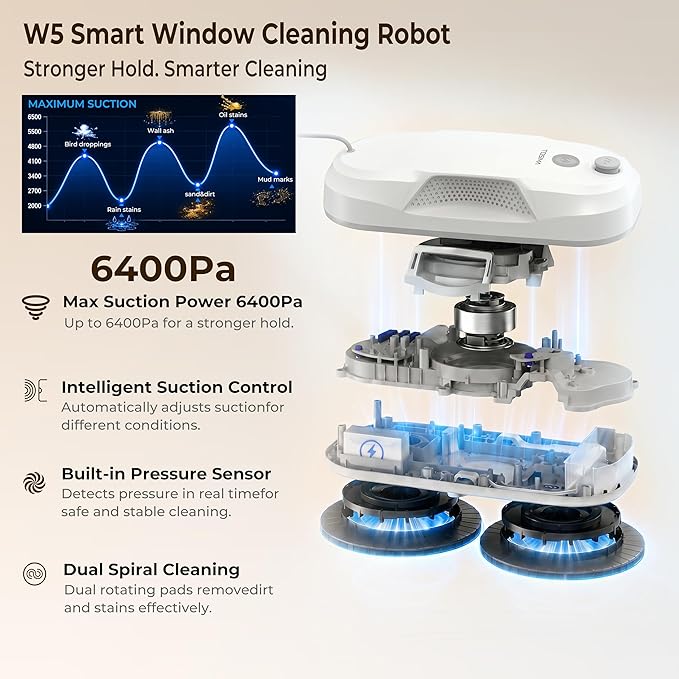 Tosima W5 Window Cleaning Robot, 6400Pa Max Adaptive Suction, Auto-Spray Smart Window Cleaner with Triple Safety System, Intelligent Navigation, Remote Control, for All Smooth Surfaces, White